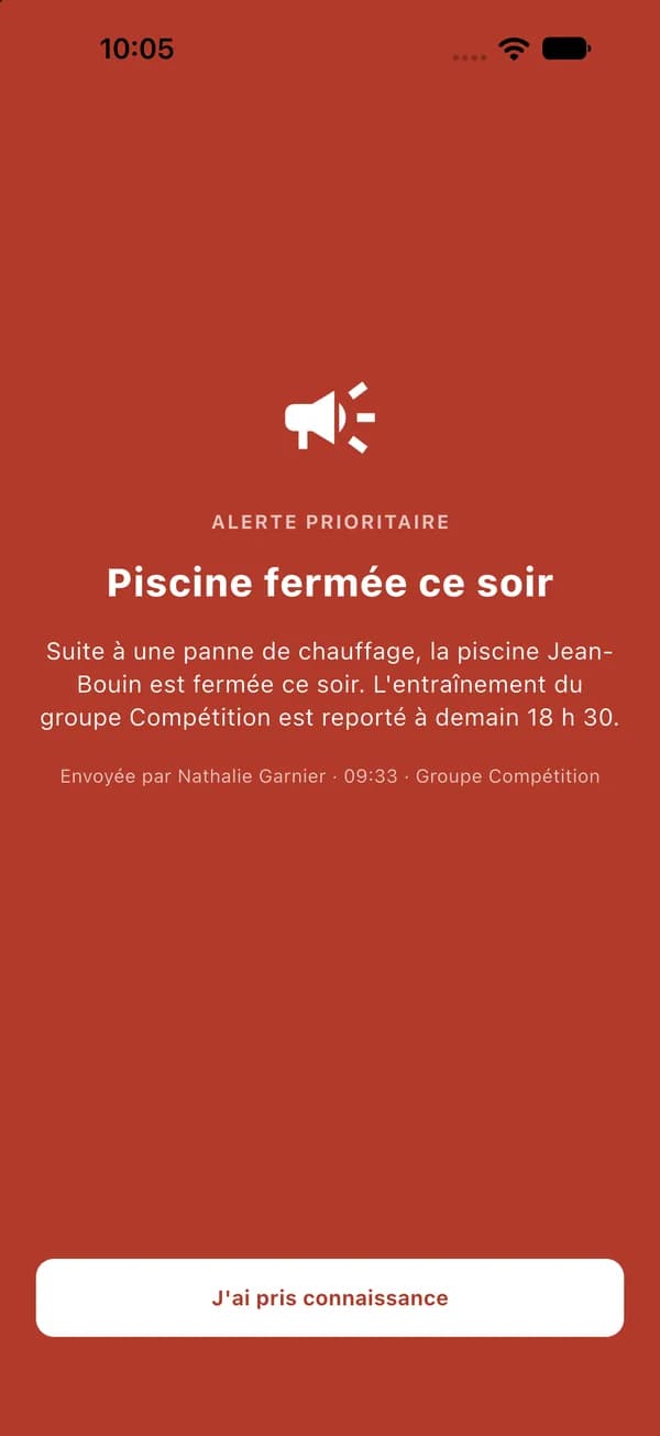 Alerte prioritaire plein écran annonçant la fermeture de la piscine, à accuser réception.