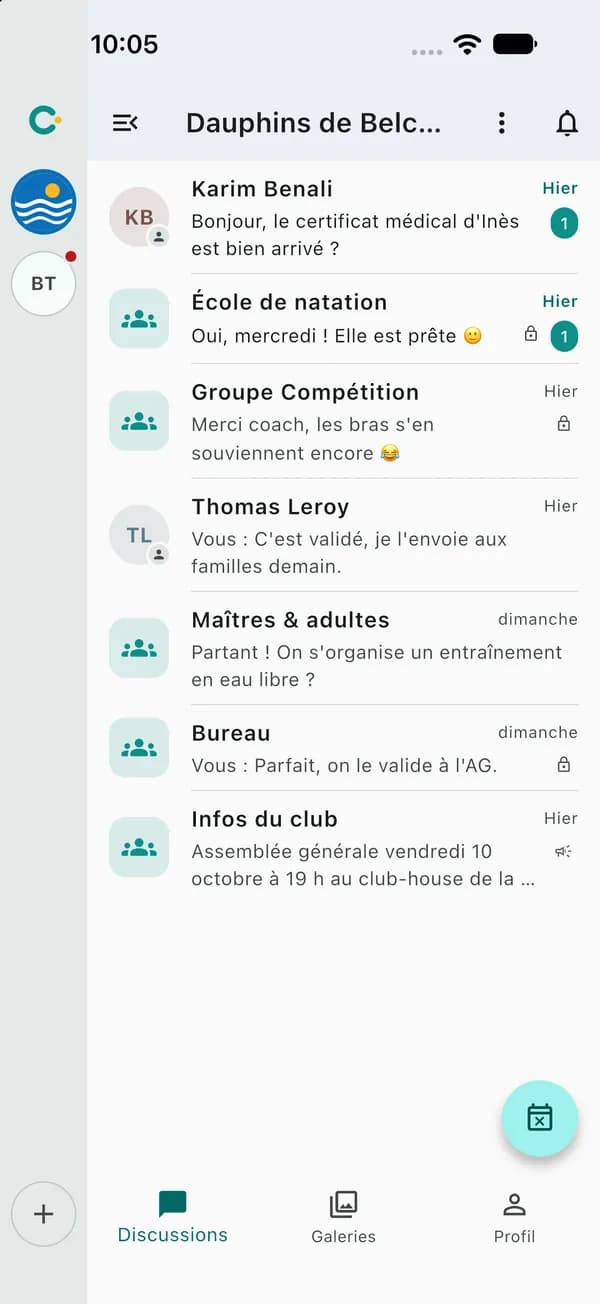 Liste des salons d'un club de natation, avec les messages non lus et le salon du bureau.